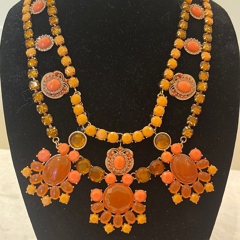 J Crew crystal cabochon sunburst necklace Orange Coral Gold